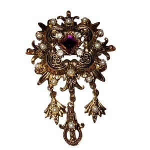 Vintage Florenza Brooch Pin Gold Victorian Revival Dangle Purple statement piece